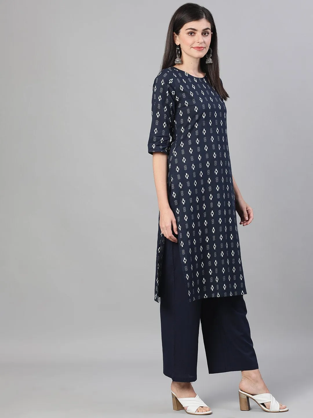 Women Navy Blue Three-Quarter Sleeves Straight Kurta With Palazzo And Pockets