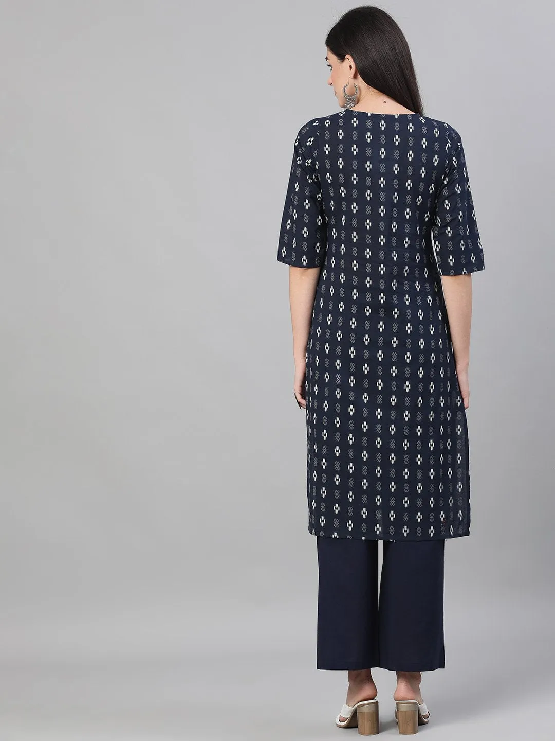 Women Navy Blue Three-Quarter Sleeves Straight Kurta With Palazzo And Pockets