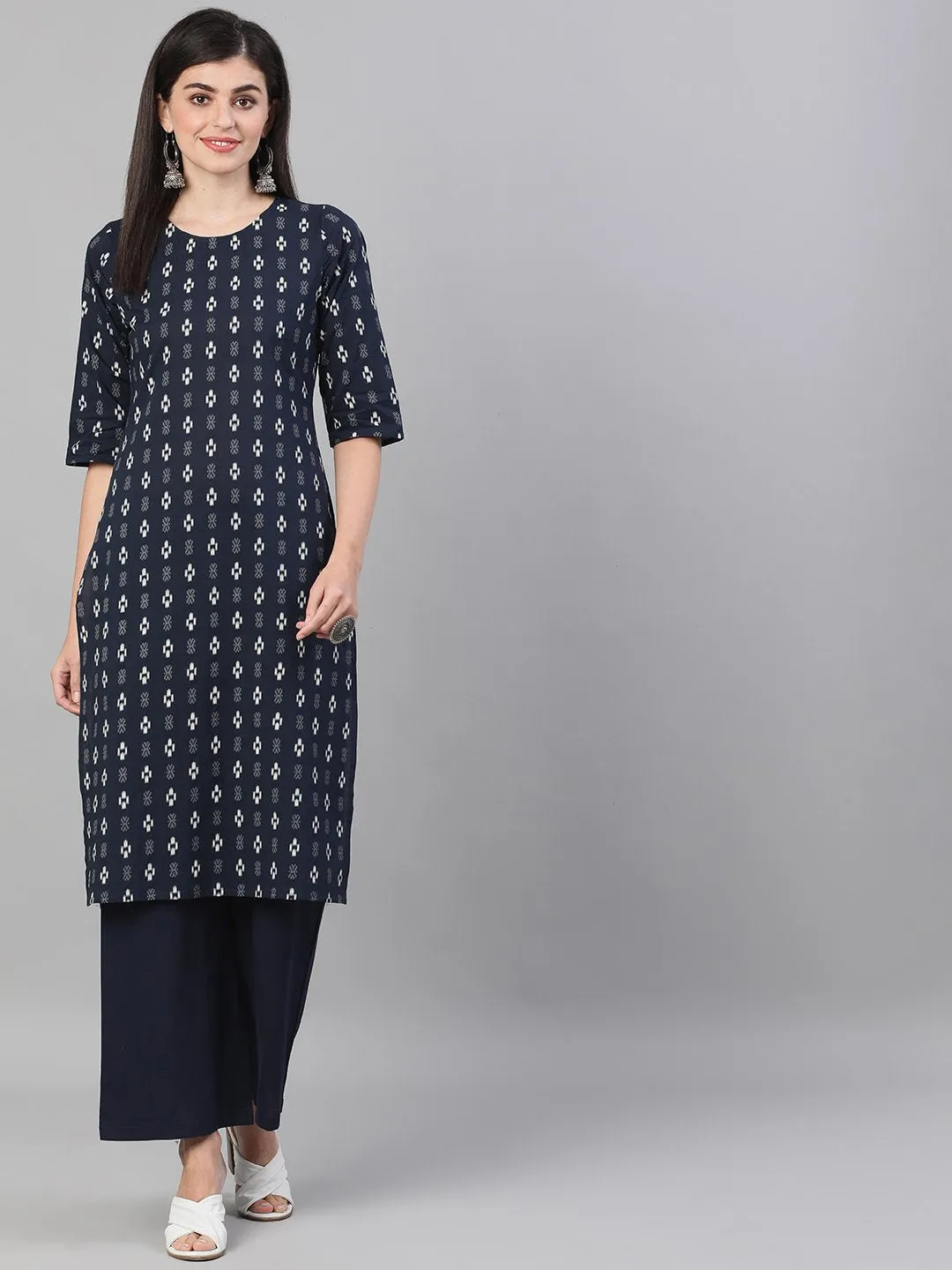 Women Navy Blue Three-Quarter Sleeves Straight Kurta With Palazzo And Pockets