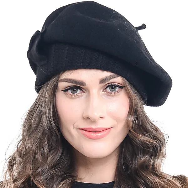 Women Wool Beret with Bow Dress Beanie Winter Hat