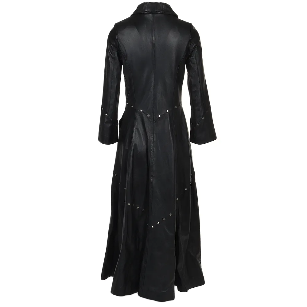 Women's Belted Black Long Length Gothic Leather Trench Long Overcoat