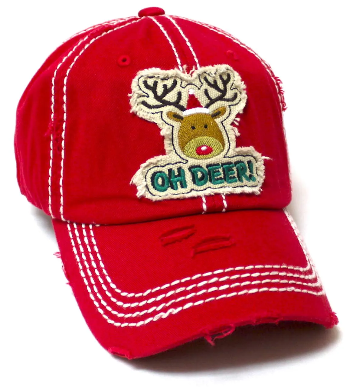 Women's Christmas Baseball Cap Oh Deer! Winter Reindeer w/Santa Claus Hat Patch Embroidery Monogram Hat, Merry Christmas Red