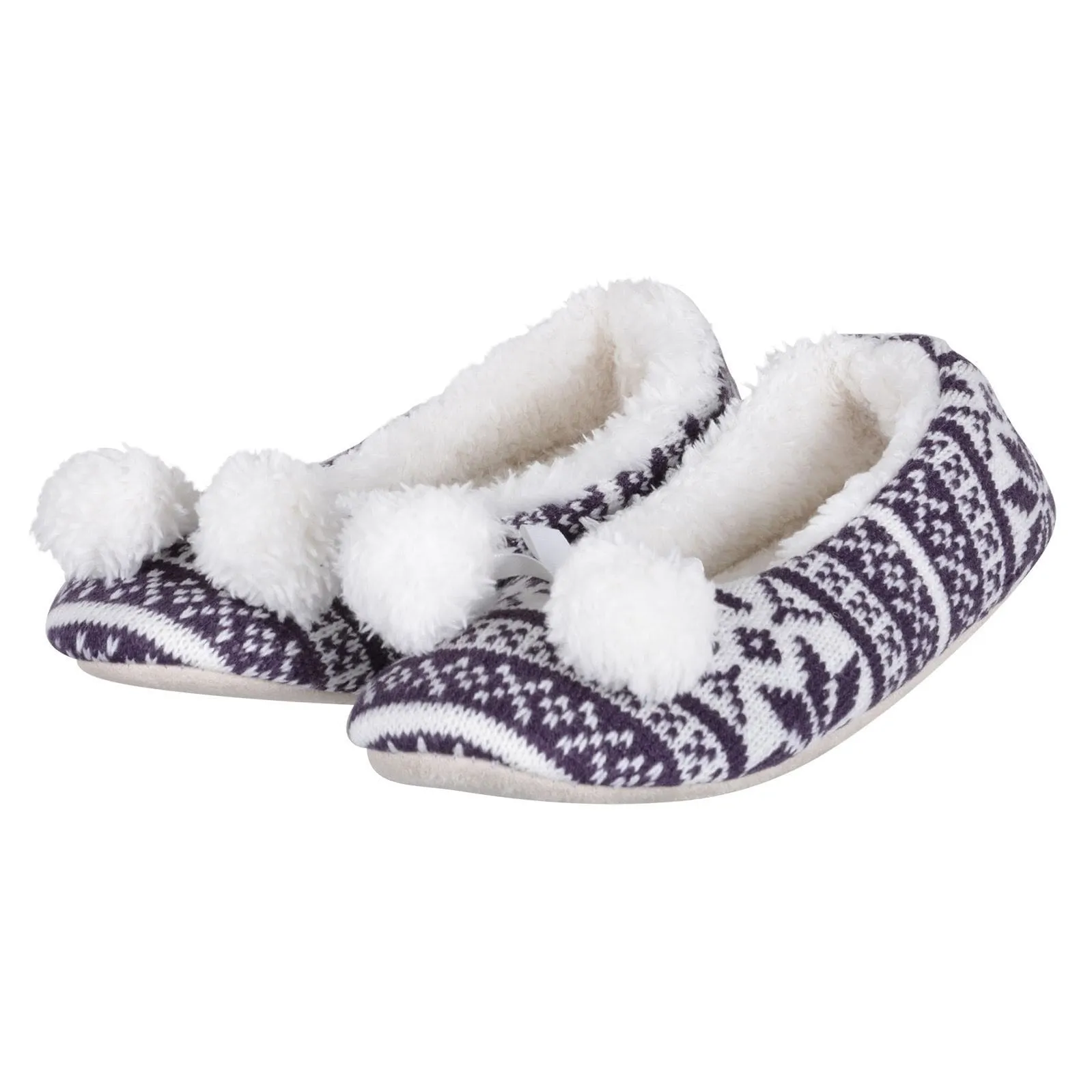 Womens Fair Isle Knit Ballet Slippers Pom Poms Fleece