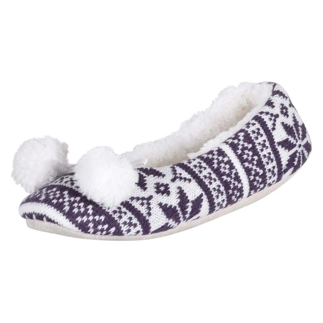 Womens Fair Isle Knit Ballet Slippers Pom Poms Fleece