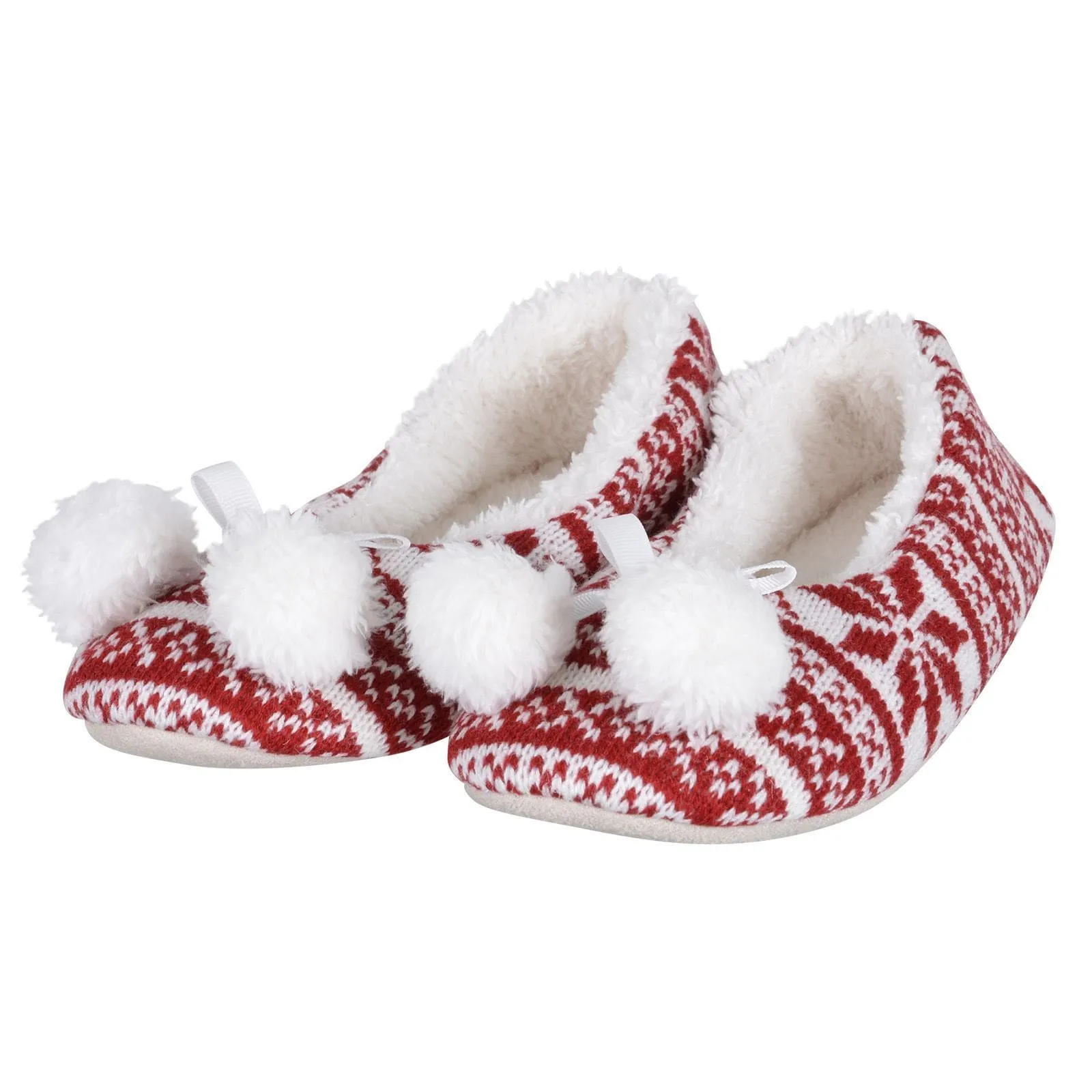 Womens Fair Isle Knit Ballet Slippers Pom Poms Fleece