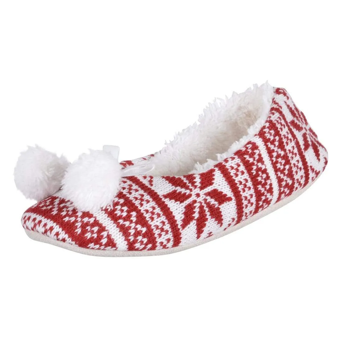 Womens Fair Isle Knit Ballet Slippers Pom Poms Fleece