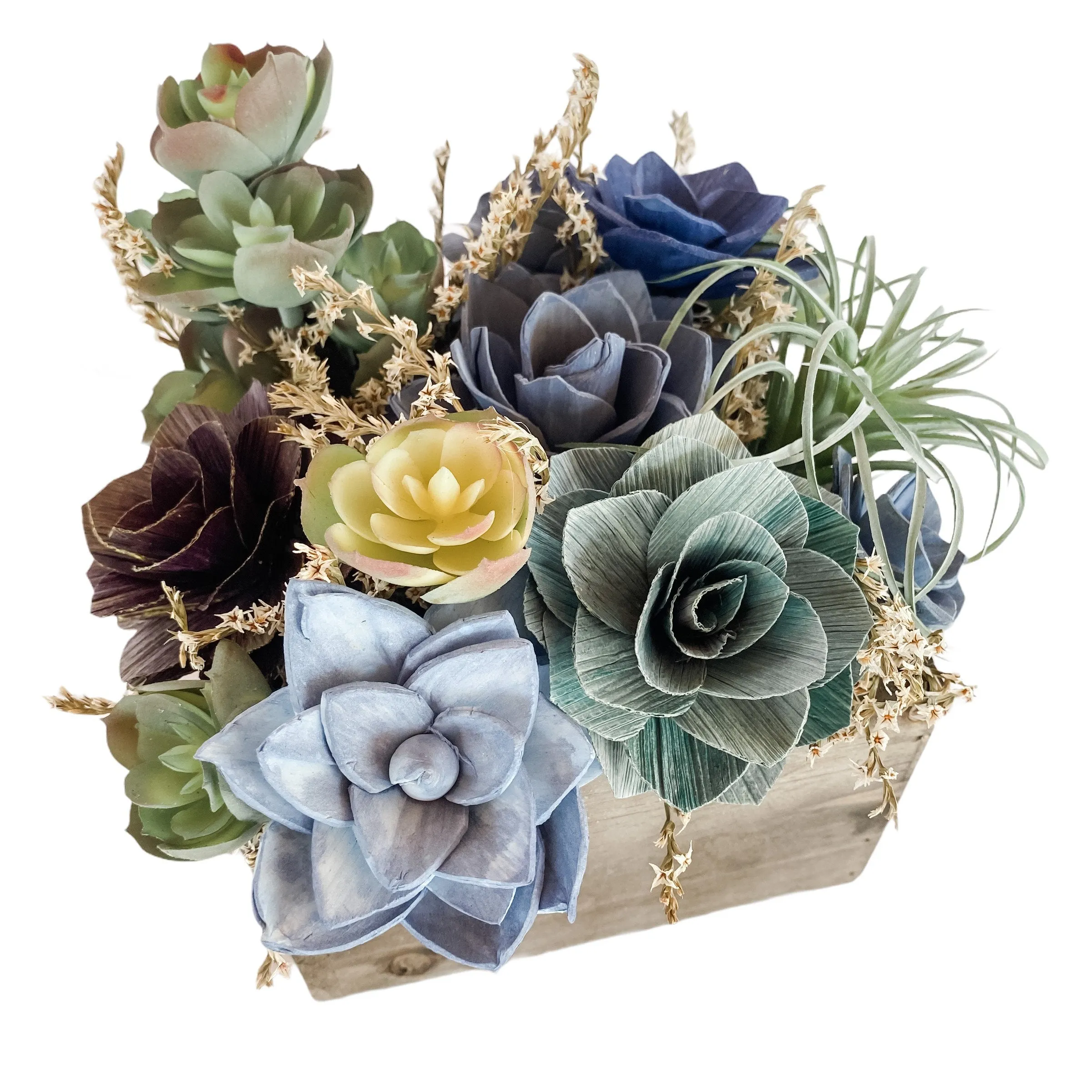 Wooden Sola Succulent Box Arrangement